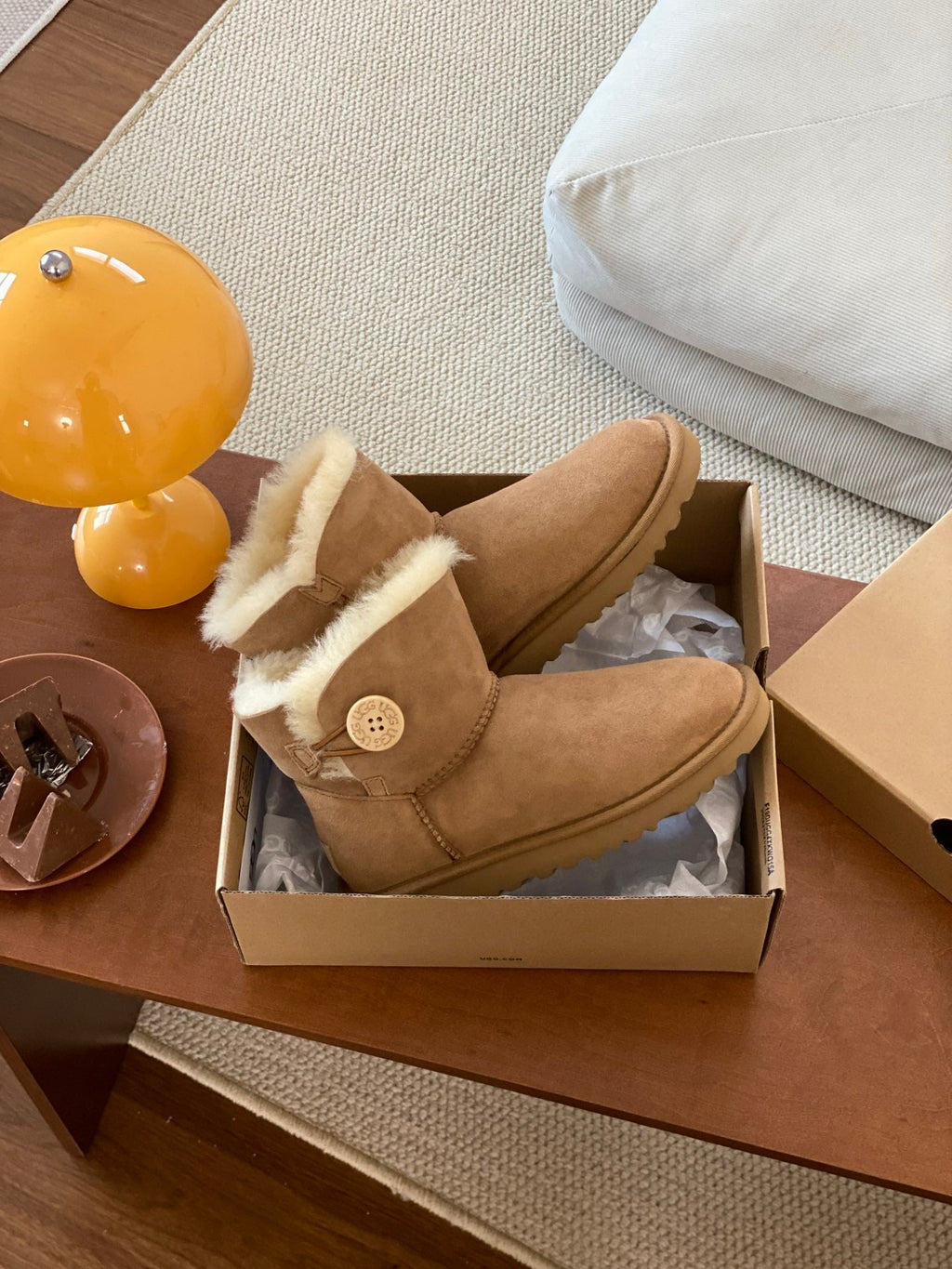 MINI BAILEY BUTTON II BOOT IN CIDER BROWN SUEDE AND SILK COTTON PADDING