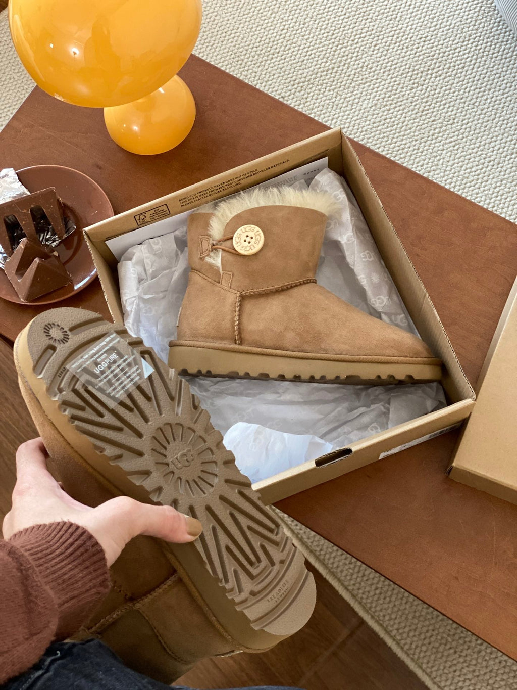 MINI BAILEY BUTTON II BOOT IN CIDER BROWN SUEDE AND SILK COTTON PADDING