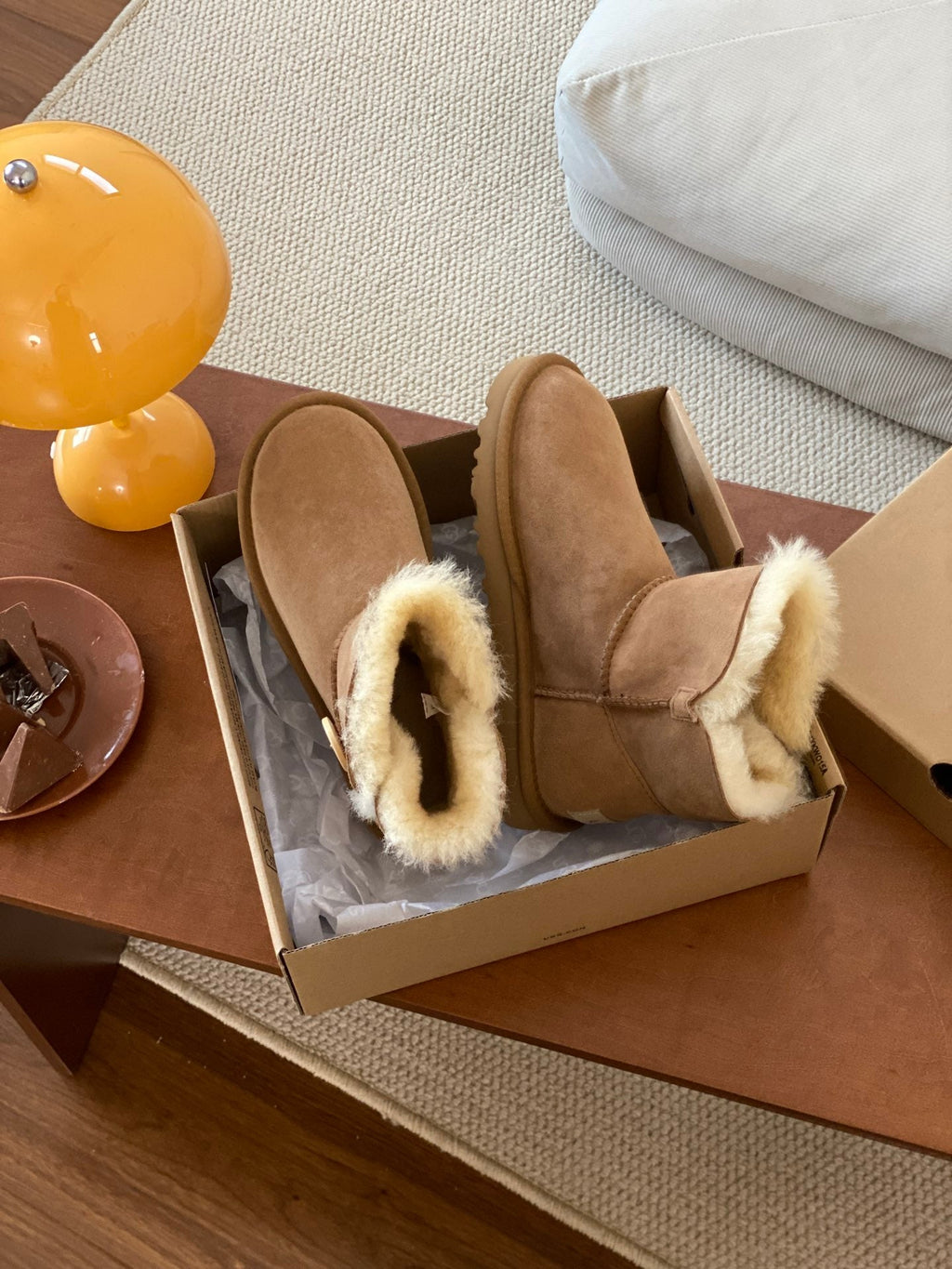 MINI BAILEY BUTTON II BOOT IN CIDER BROWN SUEDE AND SILK COTTON PADDING