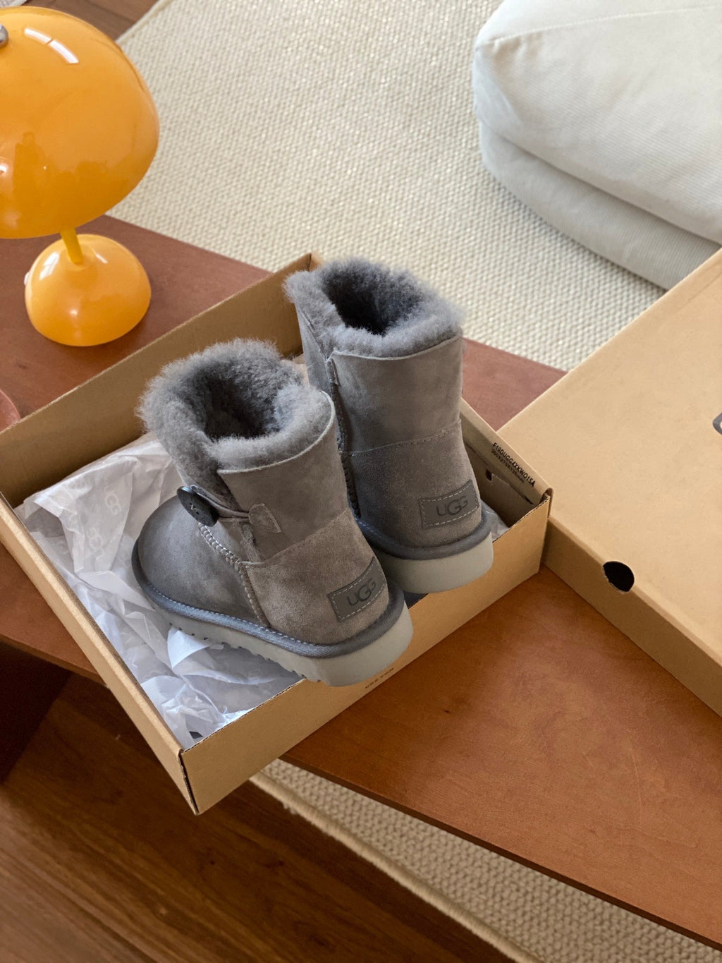 MINI BAILEY BUTTON II BOOT IN SILK GRAY SUEDE AND SILK COTTON PADDING