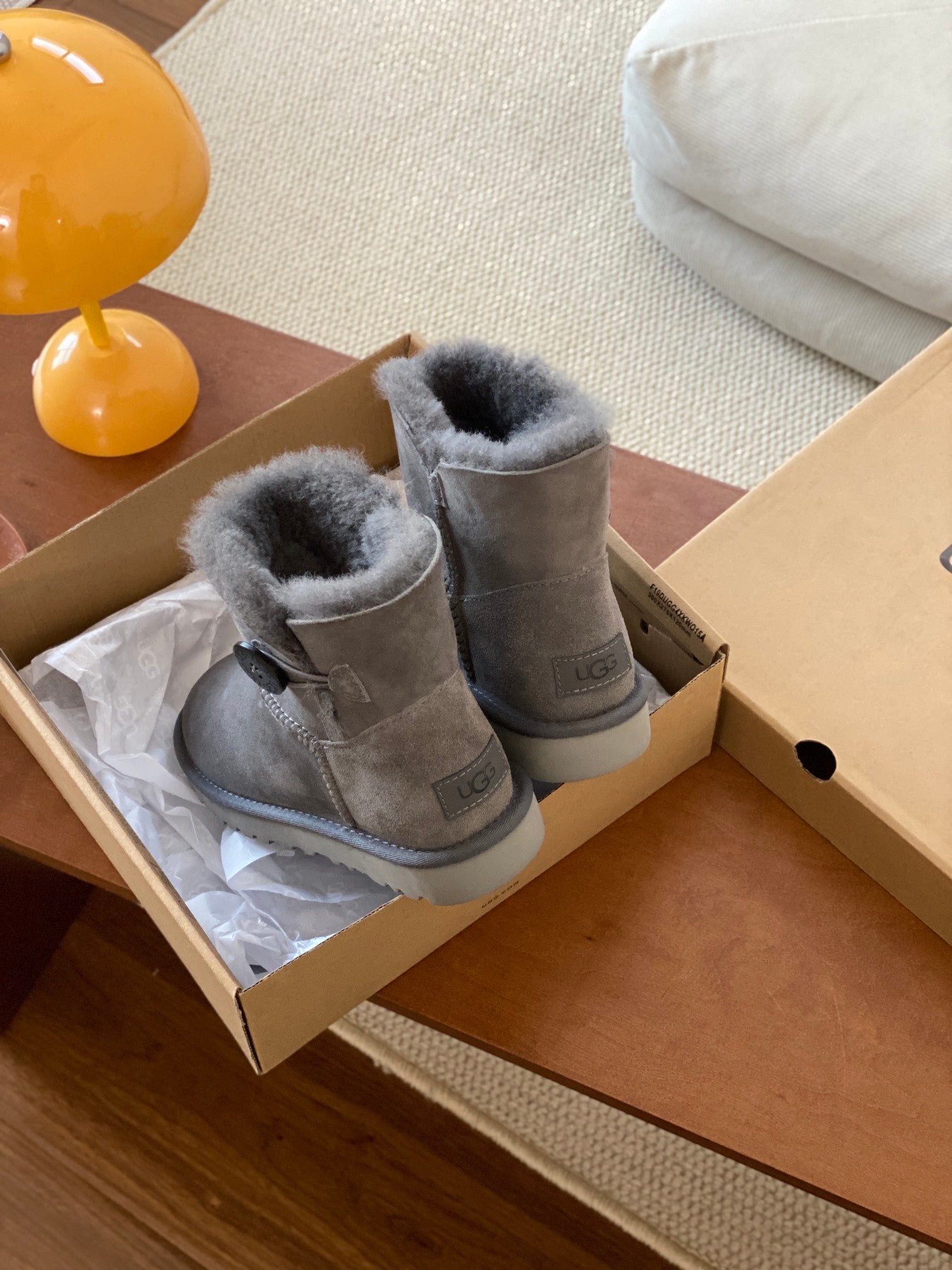 MINI BAILEY BUTTON II BOOT IN SILK GRAY SUEDE AND SILK COTTON PADDING