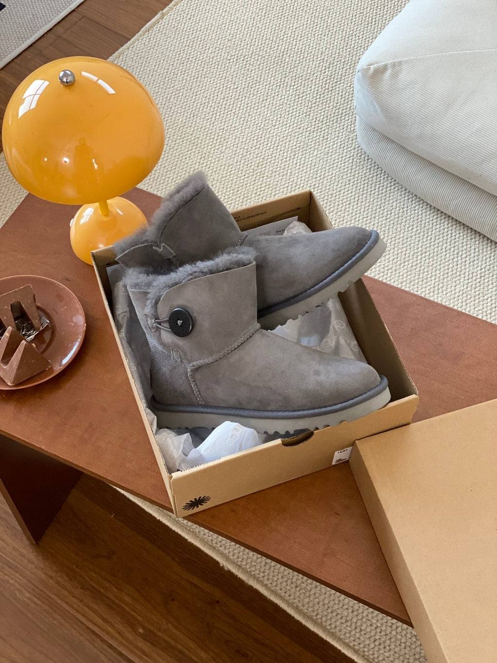 MINI BAILEY BUTTON II BOOT IN SILK GRAY SUEDE AND SILK COTTON PADDING