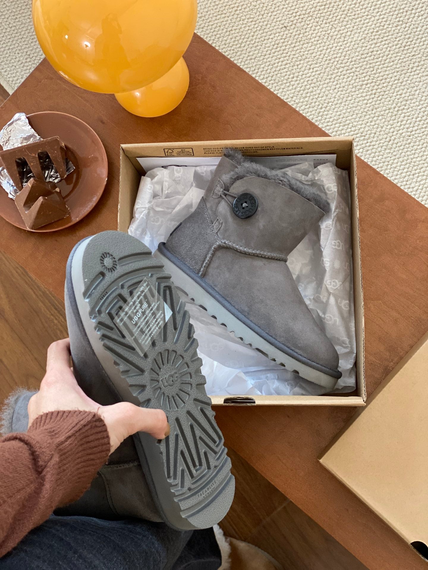 MINI BAILEY BUTTON II BOOT IN SILK GRAY SUEDE AND SILK COTTON PADDING