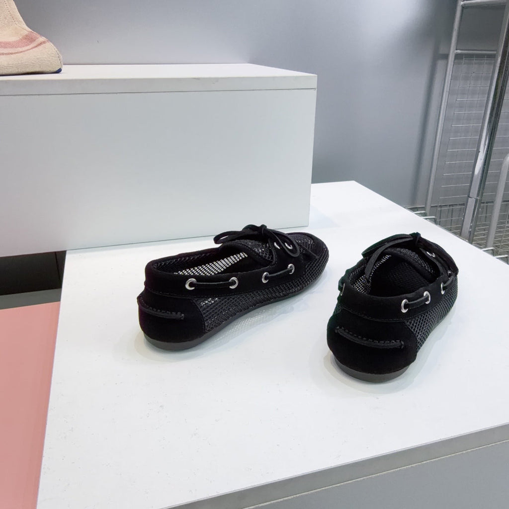 MIUMIU 26S BOAT SHOES IN BLACK MESH AND SUEDE