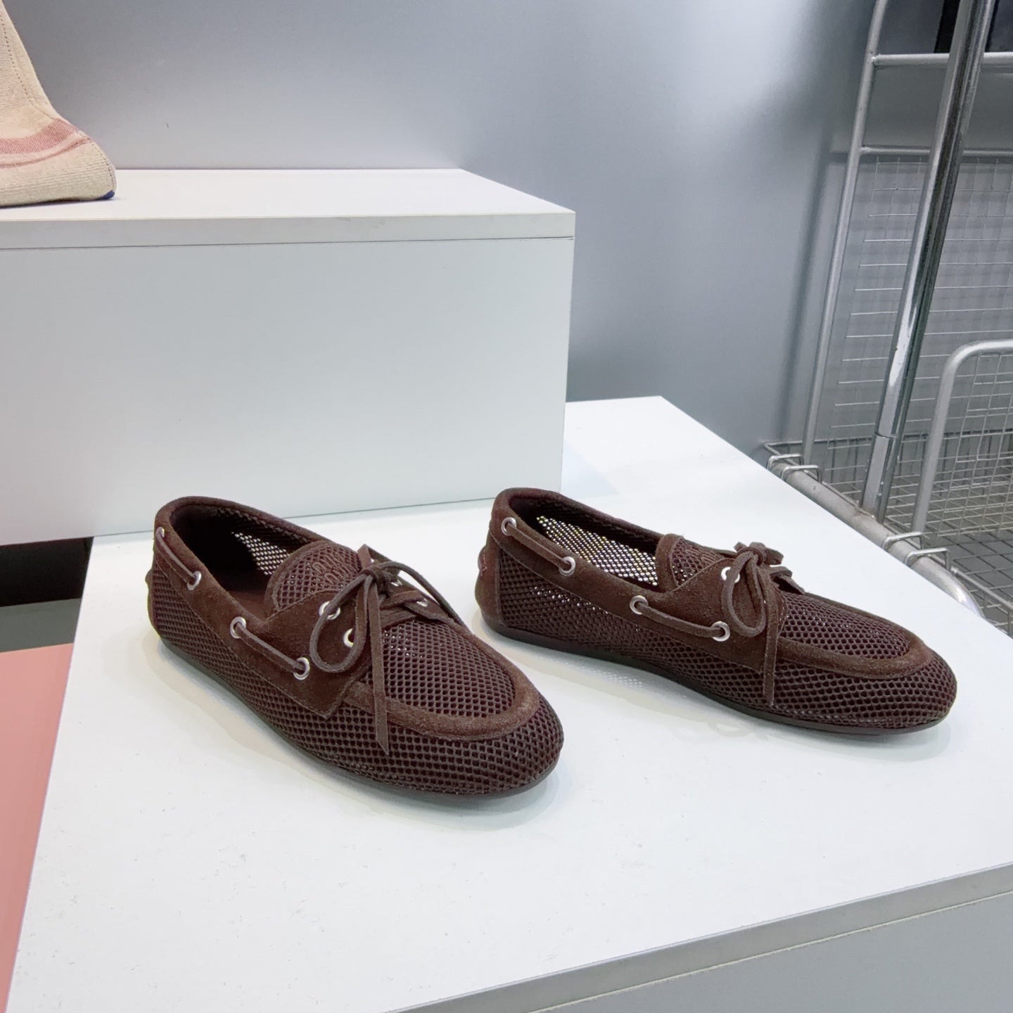 MIUMIU 26S BOAT SHOES IN DARK BROWN MESH AND SUEDE