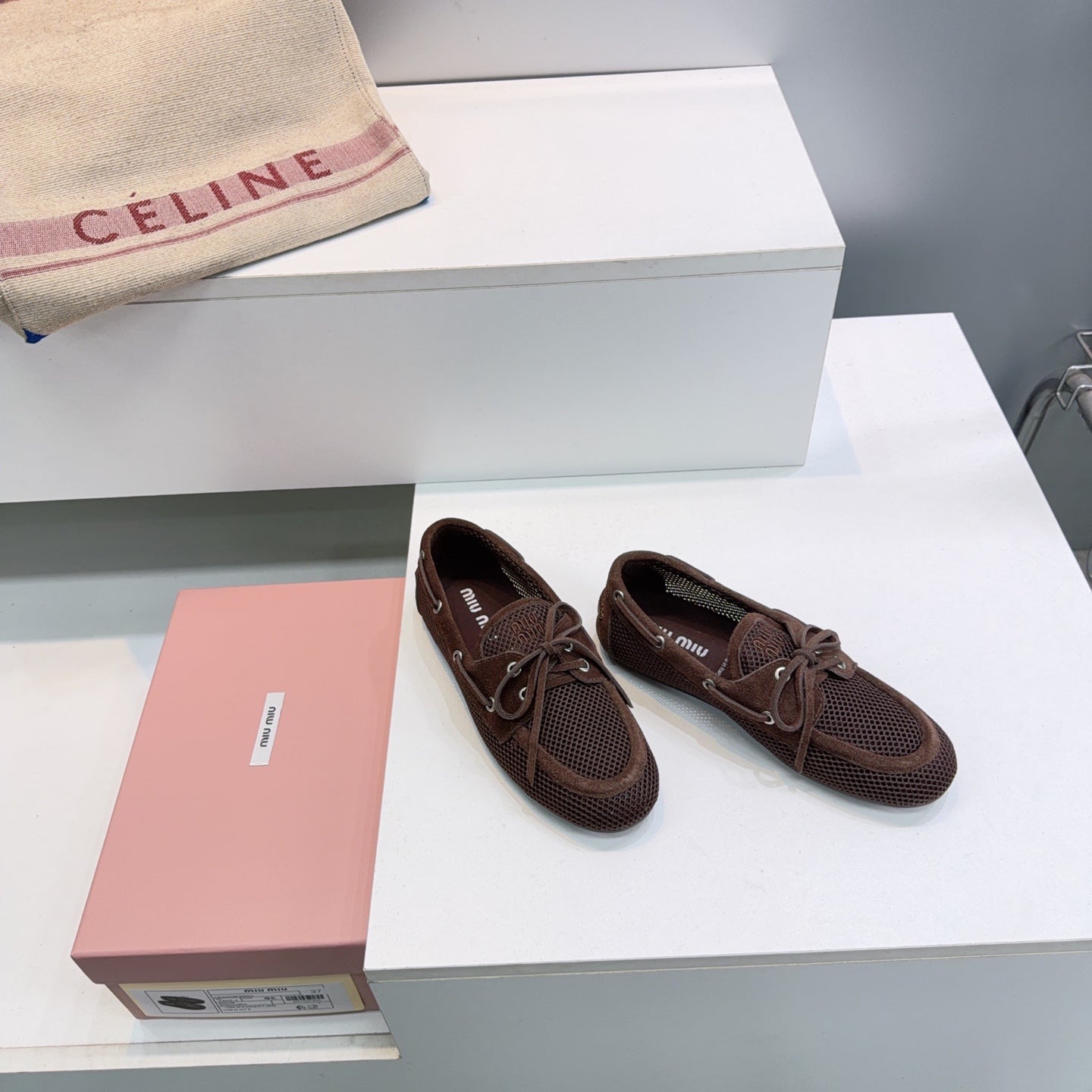 MIUMIU 26S BOAT SHOES IN DARK BROWN MESH AND SUEDE
