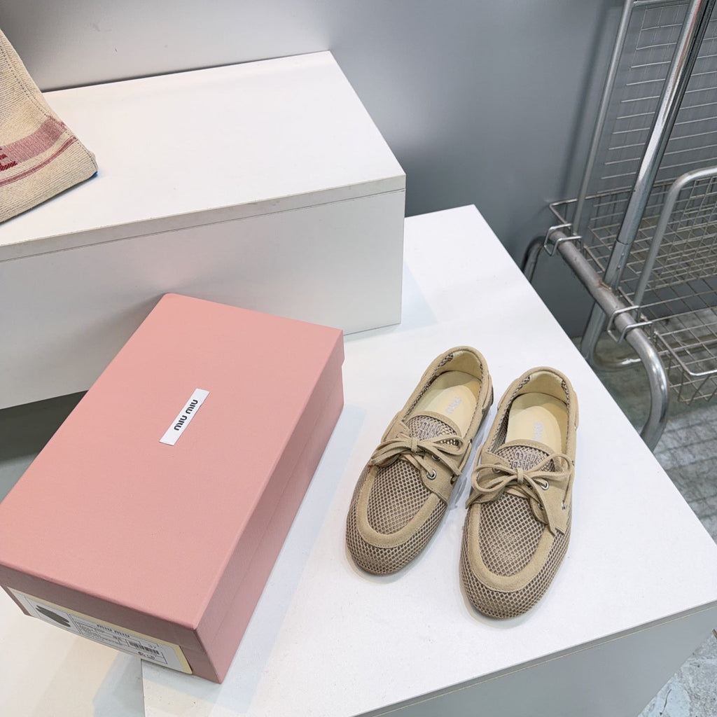 MIUMIU 26S BOAT SHOES IN BROWN MESH AND SUEDE