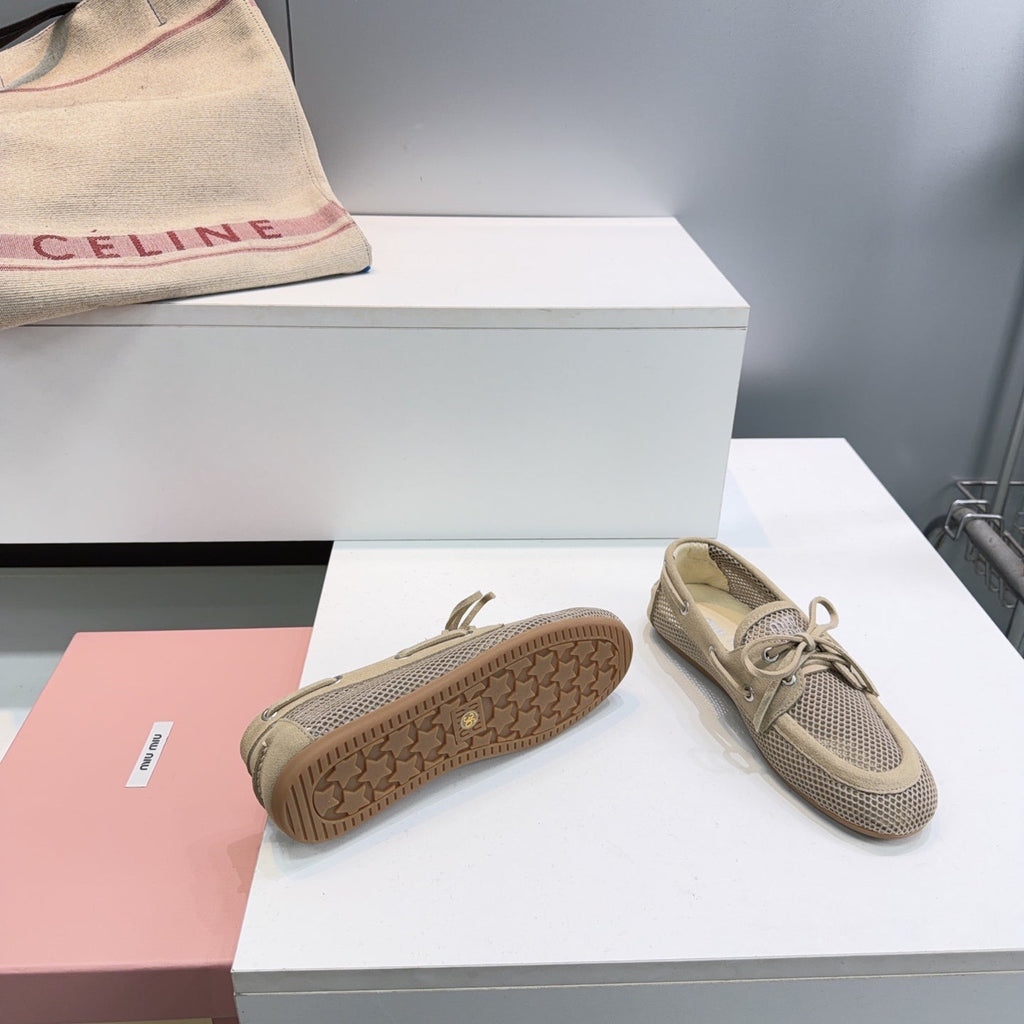 MIUMIU 26S BOAT SHOES IN BROWN MESH AND SUEDE