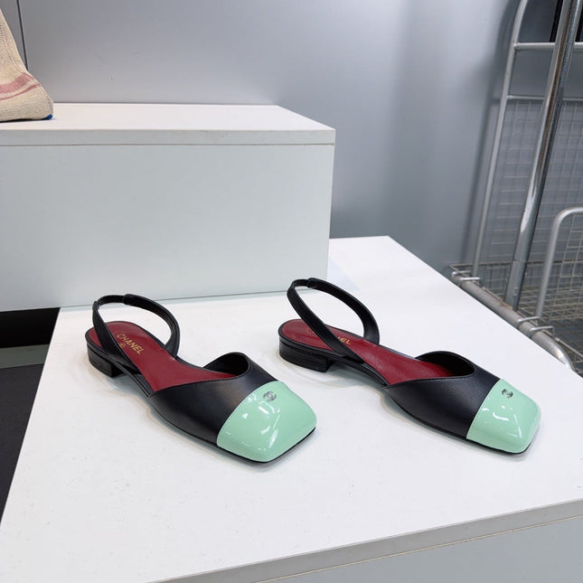 CHANEL 26S FLAT SLINGBACK IN BLACK LAMBSKIN WITH MINT GREEN CAP TOE