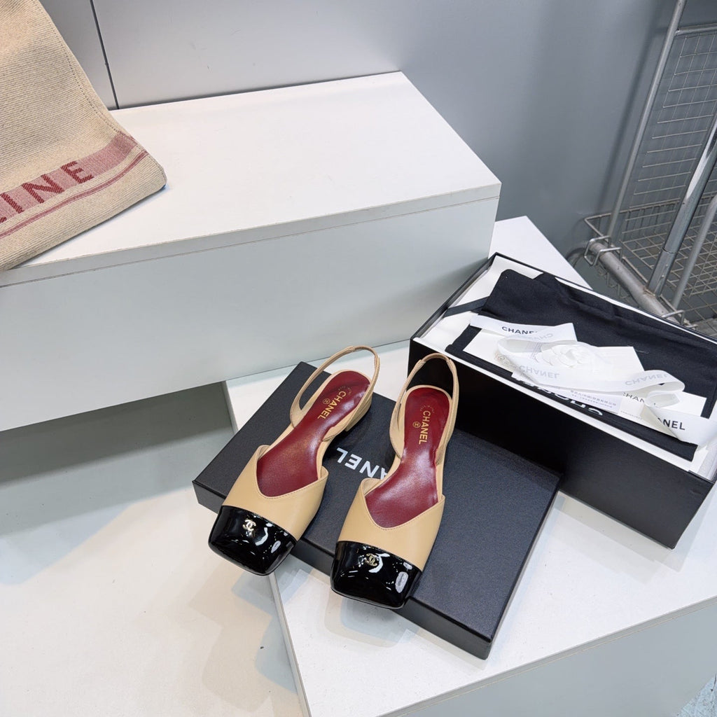CHANEL 26S FLAT SLINGBACK IN BEIGE LAMBSKIN WITH BLACK CAP TOE