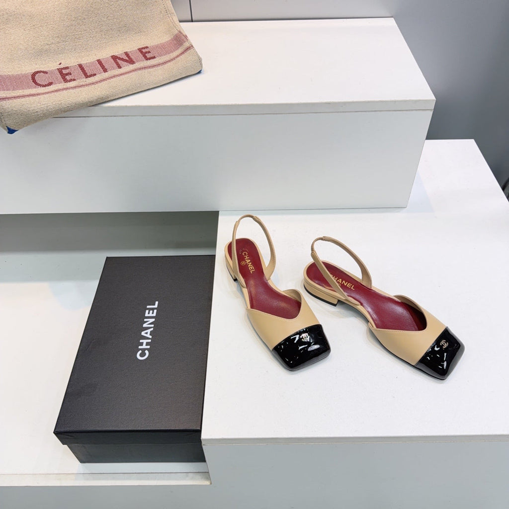 CHANEL 26S FLAT SLINGBACK IN BEIGE LAMBSKIN WITH BLACK CAP TOE