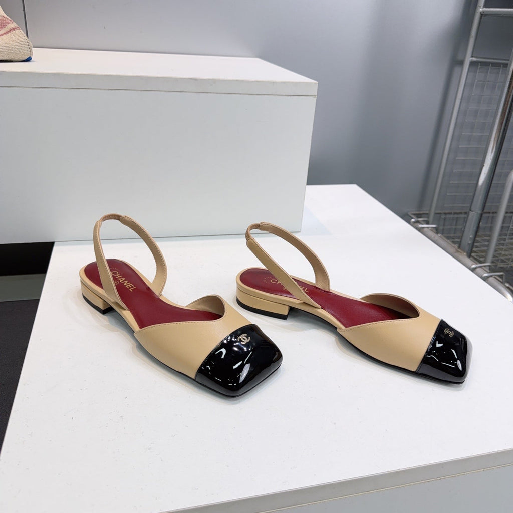 CHANEL 26S FLAT SLINGBACK IN BEIGE LAMBSKIN WITH BLACK CAP TOE