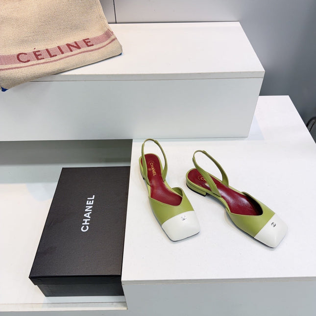 CHANEL 26S FLAT SLINGBACK IN GREEN LAMBSKIN WITH WHITE CAP TOE