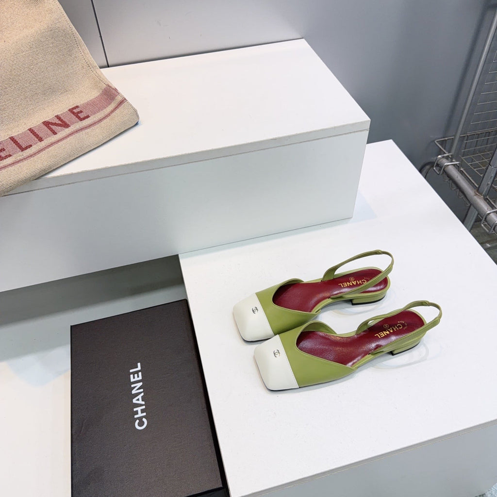 CHANEL 26S FLAT SLINGBACK IN GREEN LAMBSKIN WITH WHITE CAP TOE