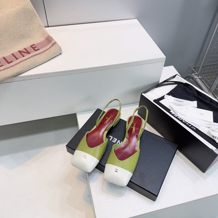 CHANEL 26S FLAT SLINGBACK IN GREEN LAMBSKIN WITH WHITE CAP TOE