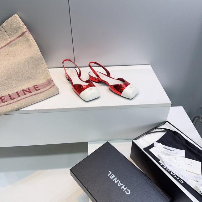 CHANEL 26S FLAT SLINGBACK IN RED GLOSSY LAMBSKIN WITH WHITE CAP TOE