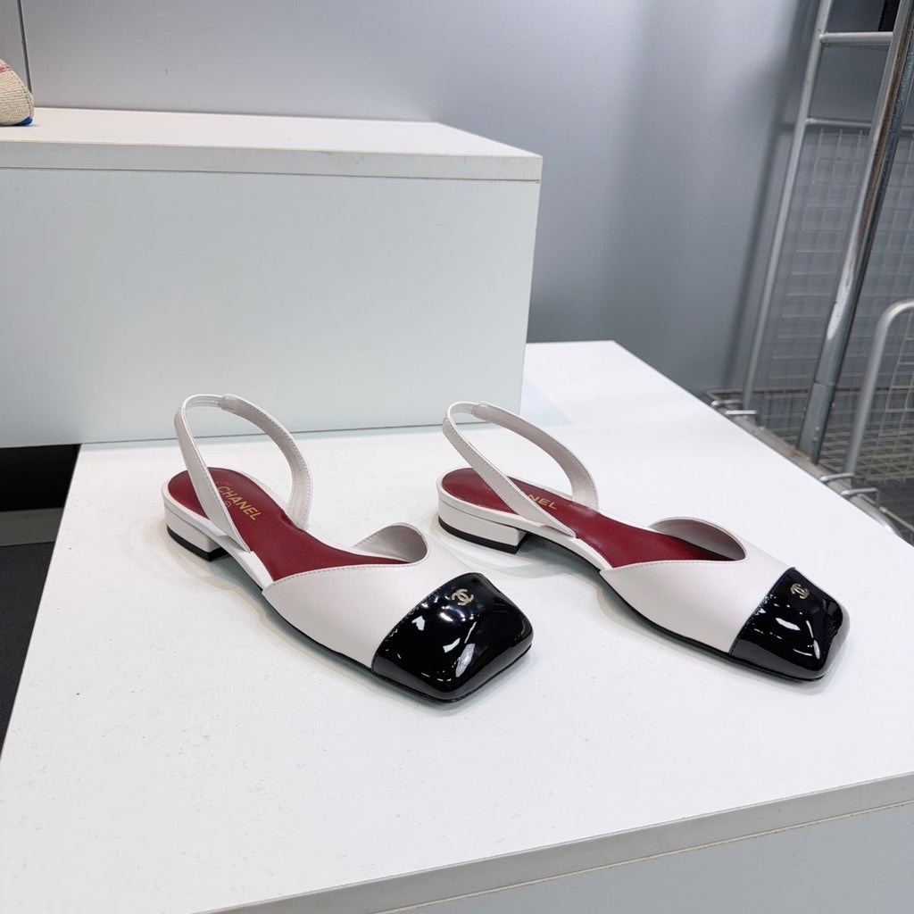 CHANEL 26S FLAT SLINGBACK IN WHITE LAMBSKIN WITH BLACK CAP TOE