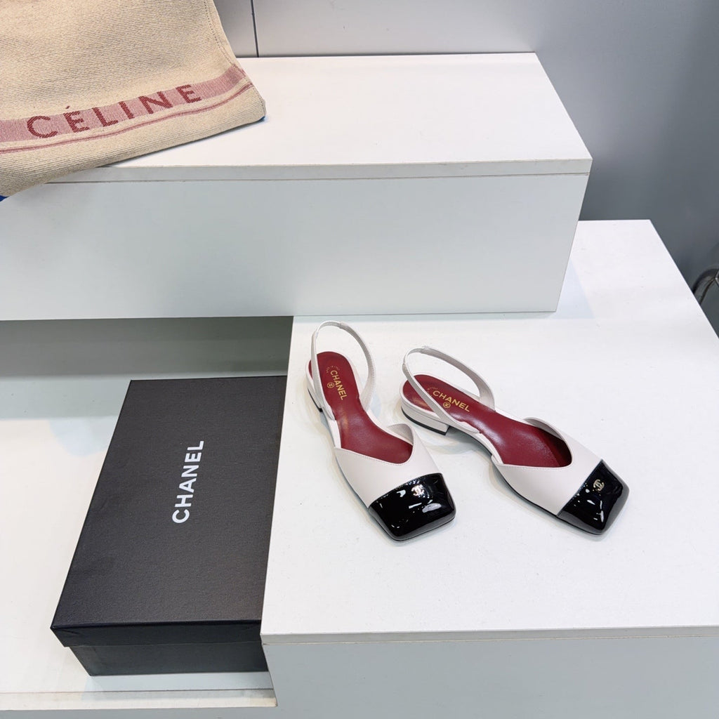 CHANEL 26S FLAT SLINGBACK IN WHITE LAMBSKIN WITH BLACK CAP TOE