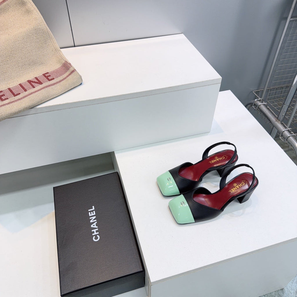 CHANEL 26S SLINGBACK 55 MM IN BLACK LAMBSKIN WITH MINT GREEN CAP TOE