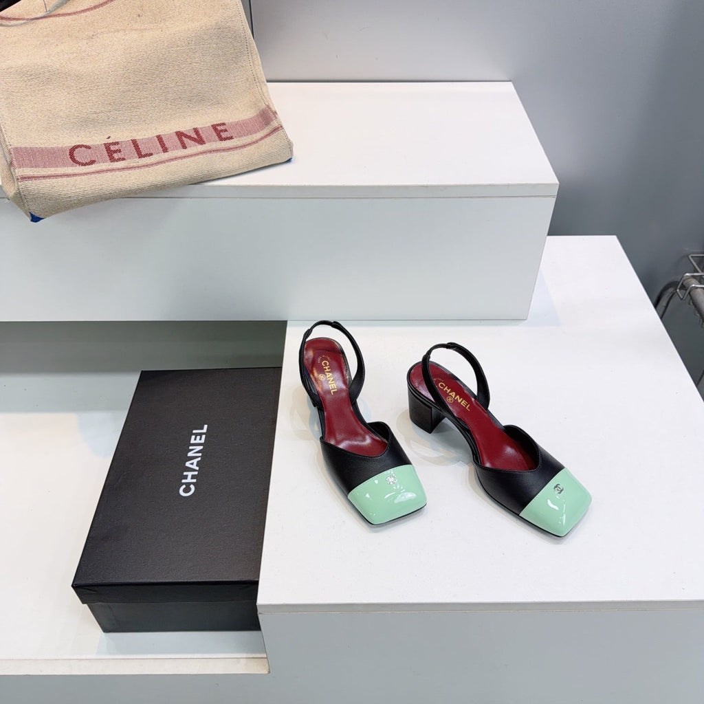 CHANEL 26S SLINGBACK 55 MM IN BLACK LAMBSKIN WITH MINT GREEN CAP TOE