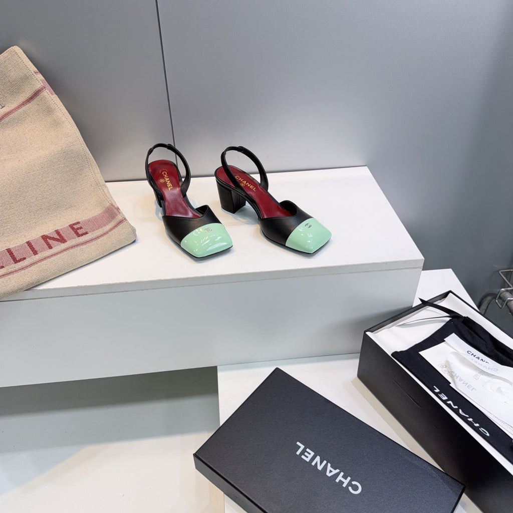 CHANEL 26S SLINGBACK 55 MM IN BLACK LAMBSKIN WITH MINT GREEN CAP TOE