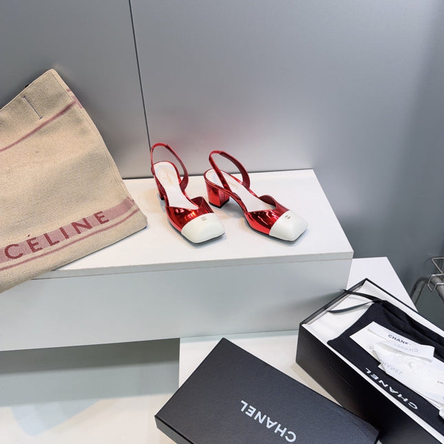 CHANEL 26S SLINGBACK 55 MM IN RED GLOSSY LAMBSKIN WITH WHITE CAP TOE