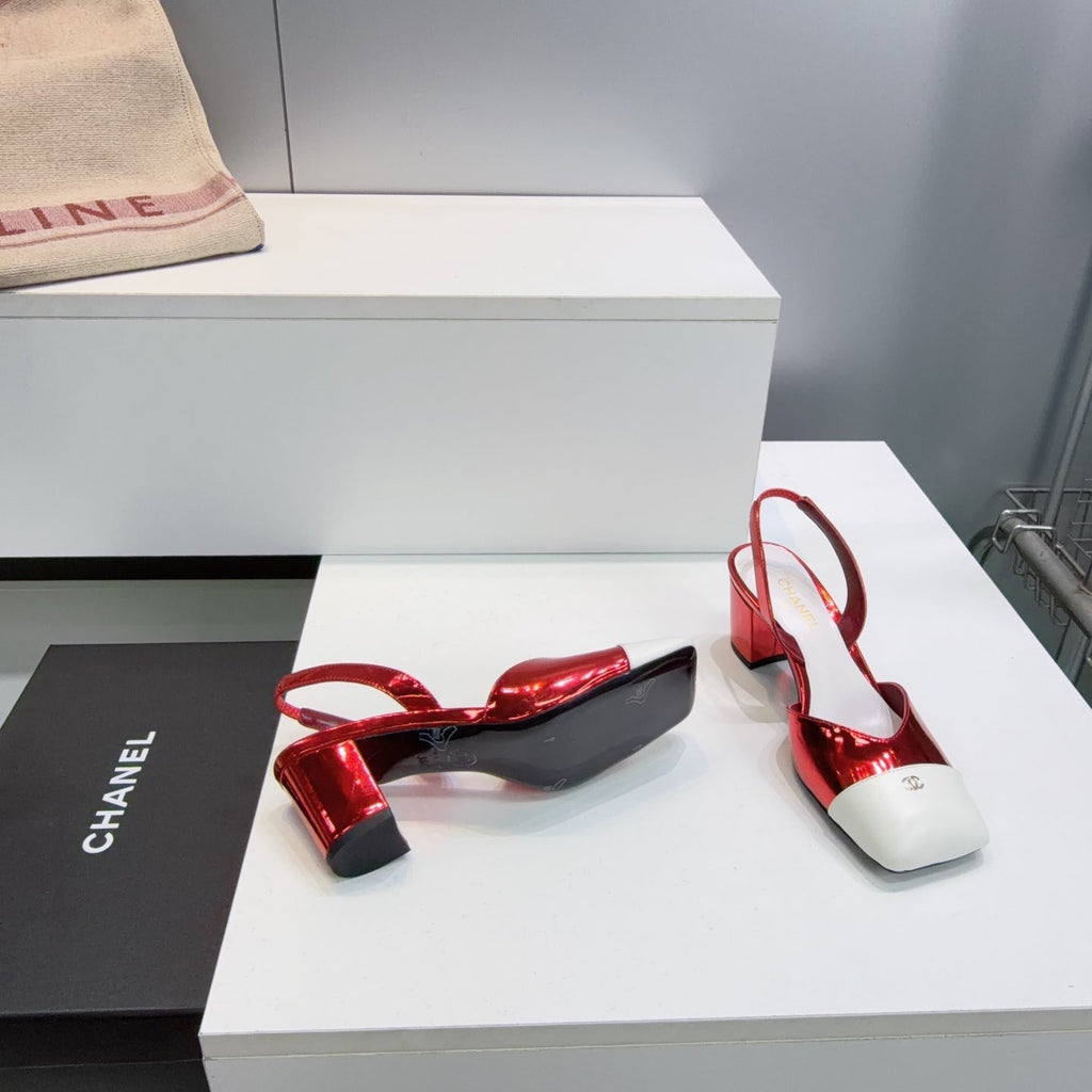 CHANEL 26S SLINGBACK 55 MM IN RED GLOSSY LAMBSKIN WITH WHITE CAP TOE