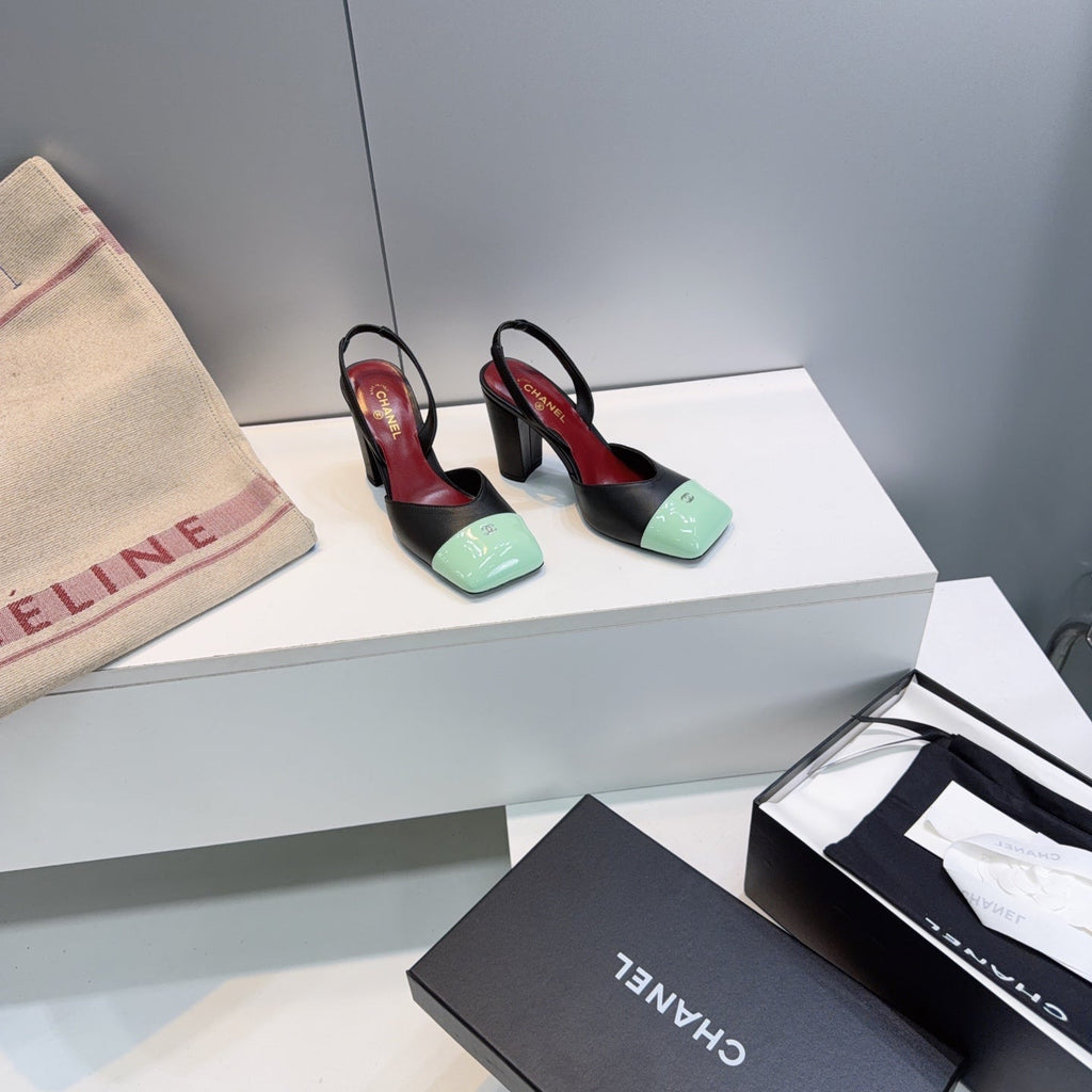 CHANEL 26S SLINGBACK 95 MM IN BLACK LAMBSKIN WITH MINT GREEN CAP TOE