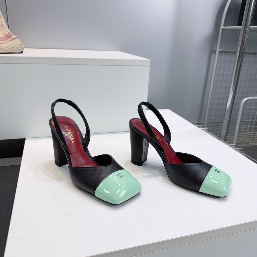CHANEL 26S SLINGBACK 95 MM IN BLACK LAMBSKIN WITH MINT GREEN CAP TOE