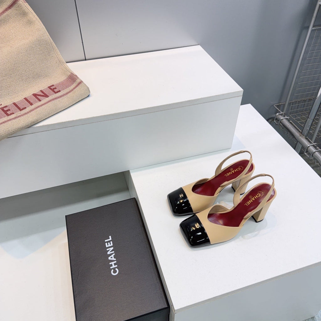CHANEL 26S SLINGBACK 95 MM IN BEIGE LAMBSKIN WITH BLACK CAP TOE