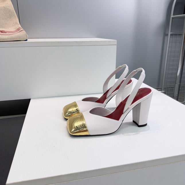 CHANEL 26S SLINGBACK 95 MM IN WHITE LAMBSKIN WITH GOLD CAP TOE
