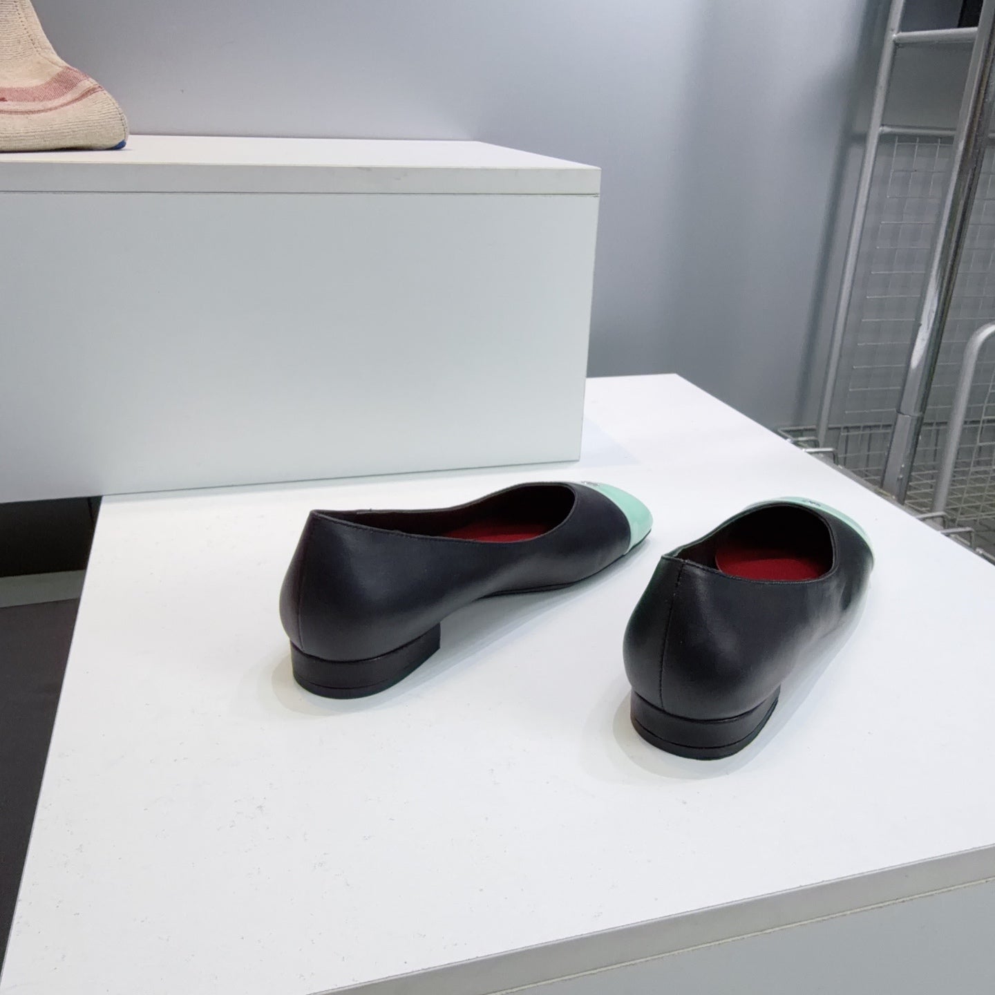 CHANEL 26S FLATS IN BLACK LAMBSKIN WITH MINT GREEN CAP TOE
