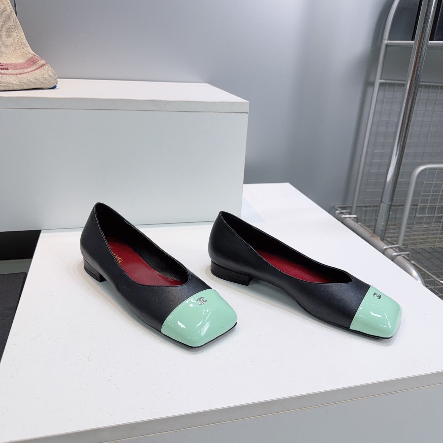CHANEL 26S FLATS IN BLACK LAMBSKIN WITH MINT GREEN CAP TOE