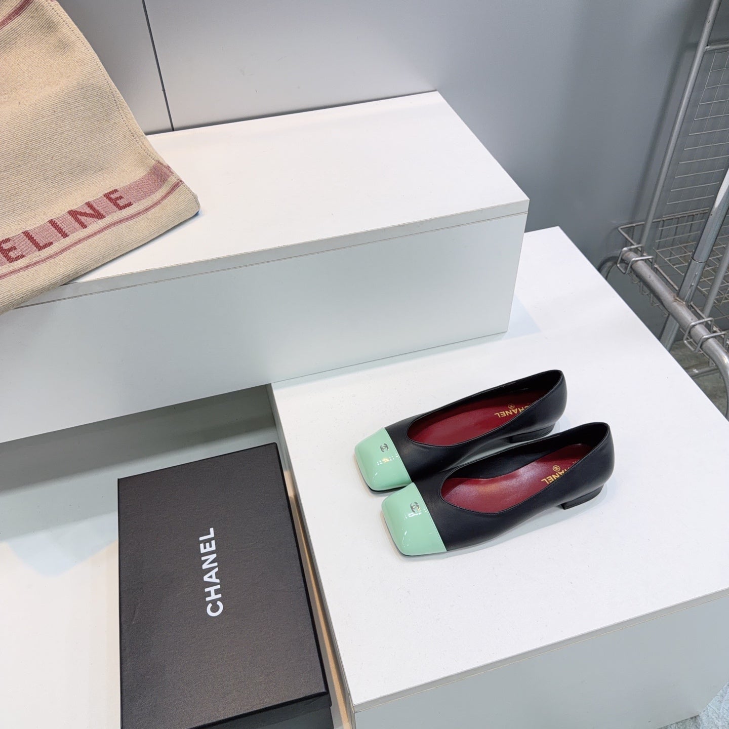 CHANEL 26S FLATS IN BLACK LAMBSKIN WITH MINT GREEN CAP TOE