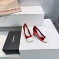 CHANEL 26S SQUARE-TOE HIGH HEELS 95 MM IN RED GLOSSY LAMBSKIN WITH WHITE CAP TOE
