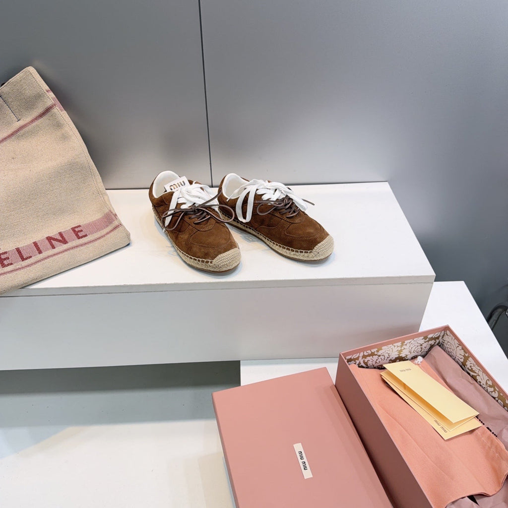 MIUMIU 26S LACE UP ESPADRILLE SNEAKERS IN DARK BROWN SUEDE ROPE SOLE