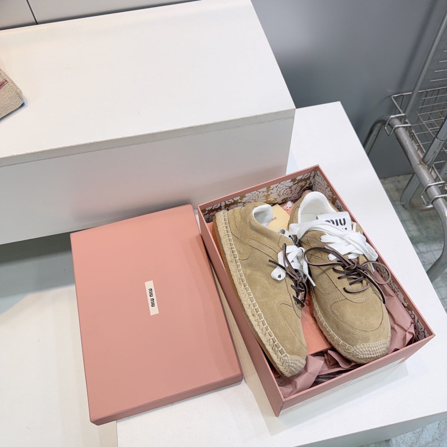 MIUMIU 26S LACE UP ESPADRILLE SNEAKERS IN LIGHT BROWN SUEDE ROPE SOLE