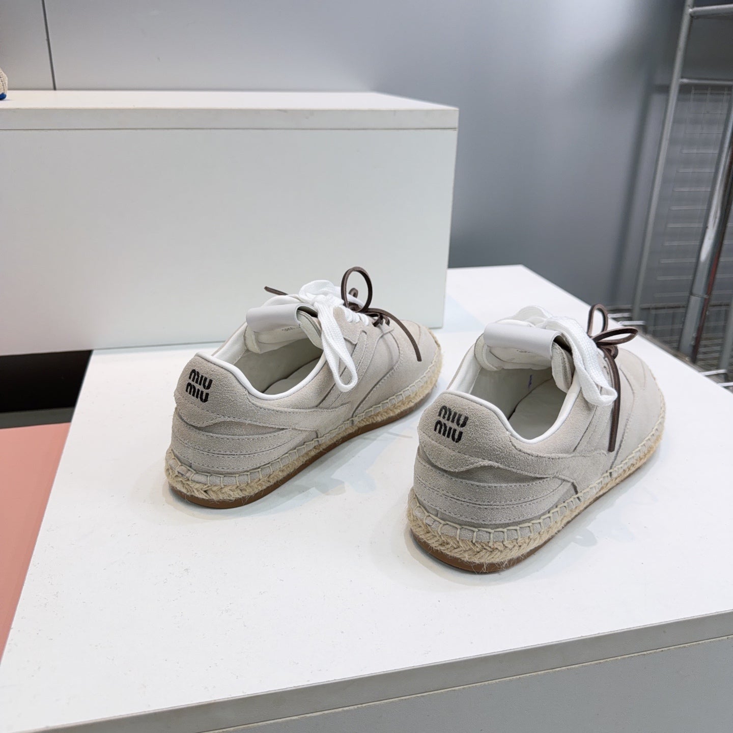 MIUMIU 26S LACE UP ESPADRILLE SNEAKERS IN LIGHT GREY SUEDE ROPE SOLE