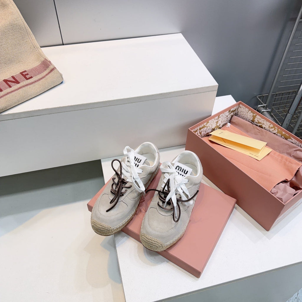 MIUMIU 26S LACE UP ESPADRILLE SNEAKERS IN LIGHT GREY SUEDE ROPE SOLE