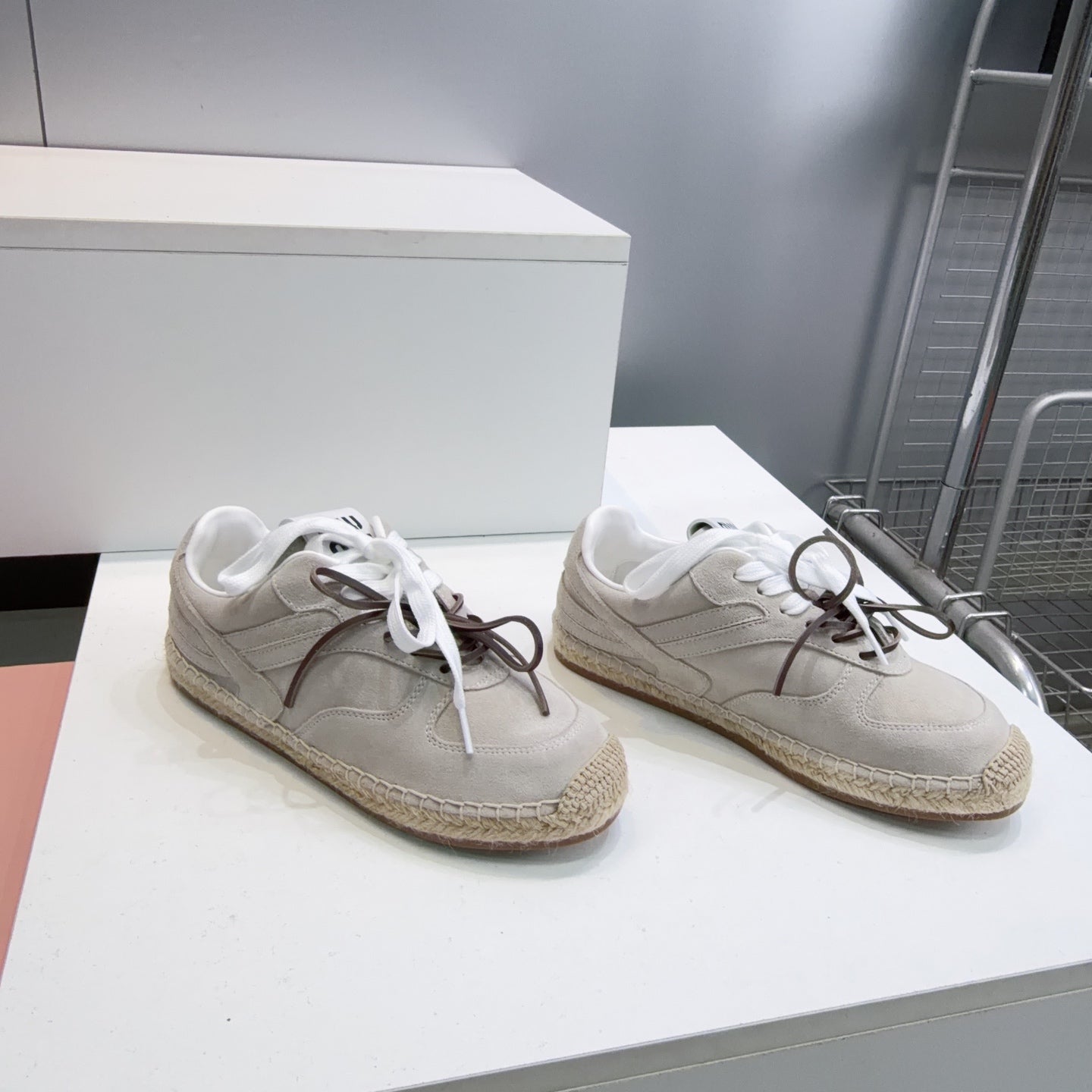 MIUMIU 26S LACE UP ESPADRILLE SNEAKERS IN LIGHT GREY SUEDE ROPE SOLE