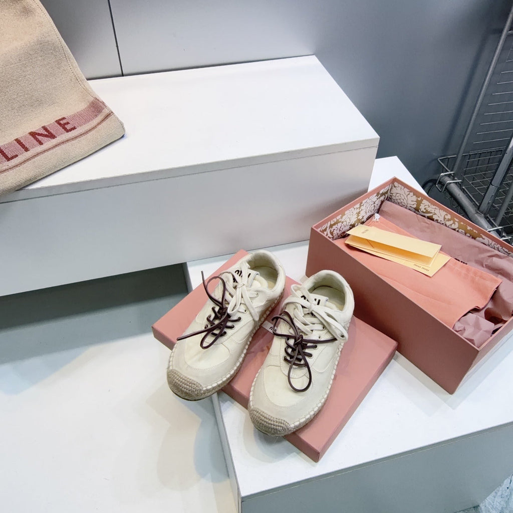 MIUMIU 26S LACE UP ESPADRILLE SNEAKERS IN CREAM WHITE SUEDE ROPE SOLE