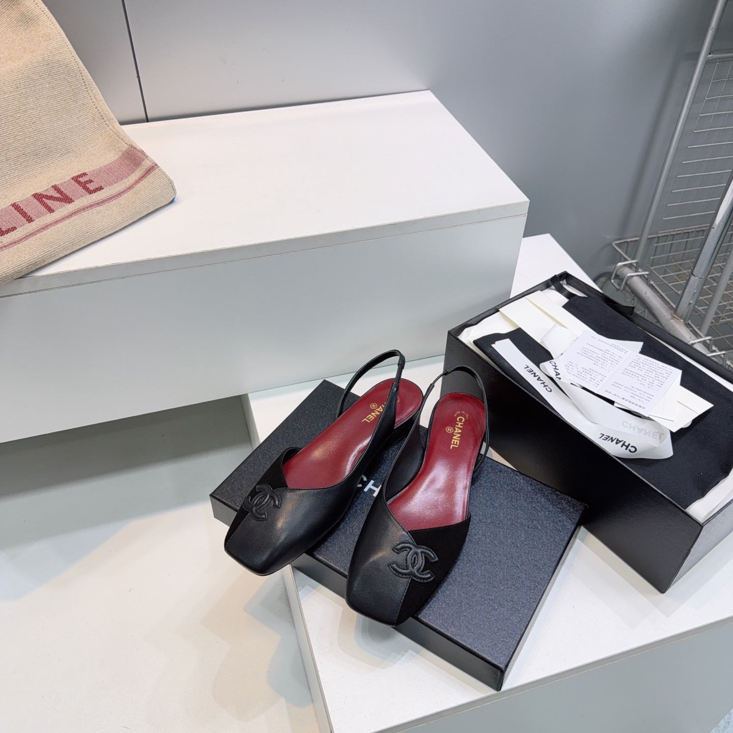 CHANEL 26S FLAT SLINGBACK IN BLACK SUEDE AND LAMBSKIN