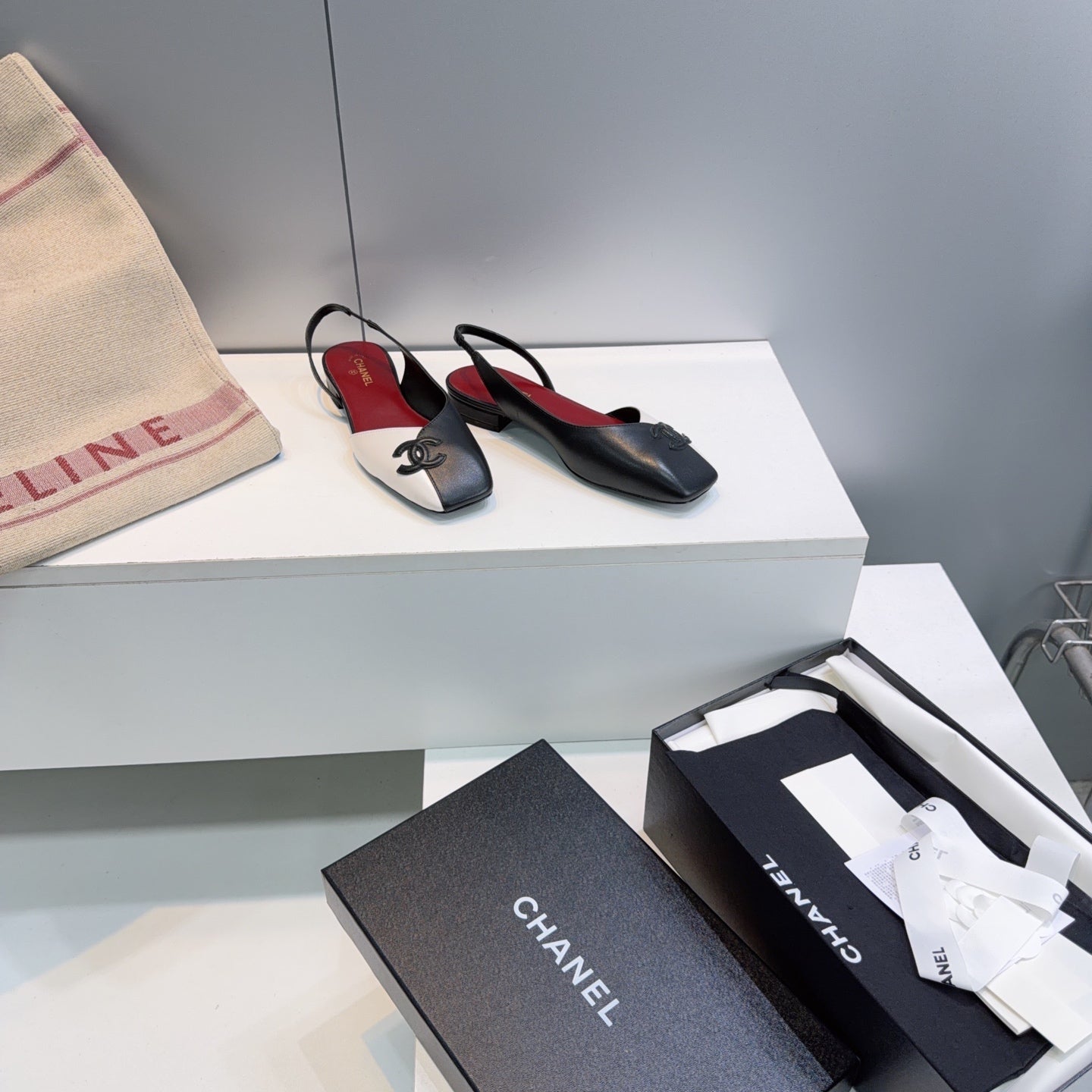 CHANEL 26S FLAT SLINGBACK IN BLACK AND WHITE LAMBSKIN