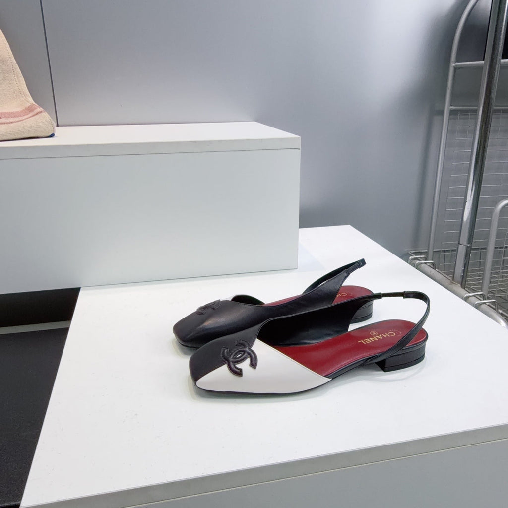 CHANEL 26S FLAT SLINGBACK IN BLACK AND WHITE LAMBSKIN