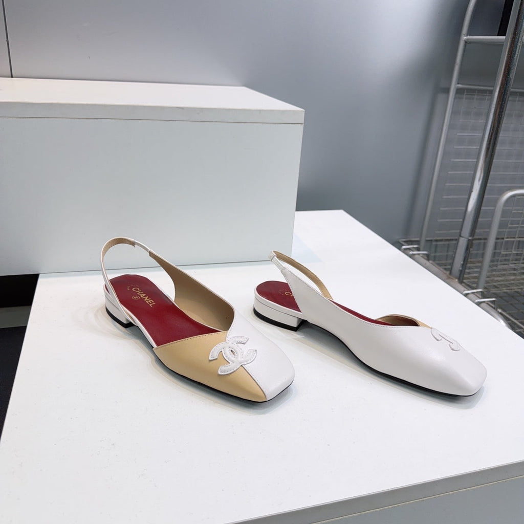 CHANEL 26S FLAT SLINGBACK IN BEIGE AND WHITE LAMBSKIN