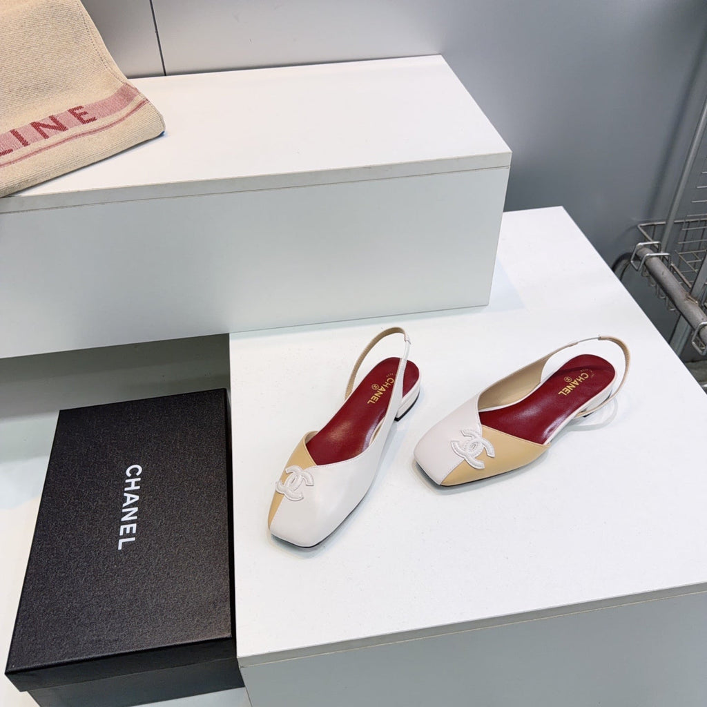 CHANEL 26S FLAT SLINGBACK IN BEIGE AND WHITE LAMBSKIN