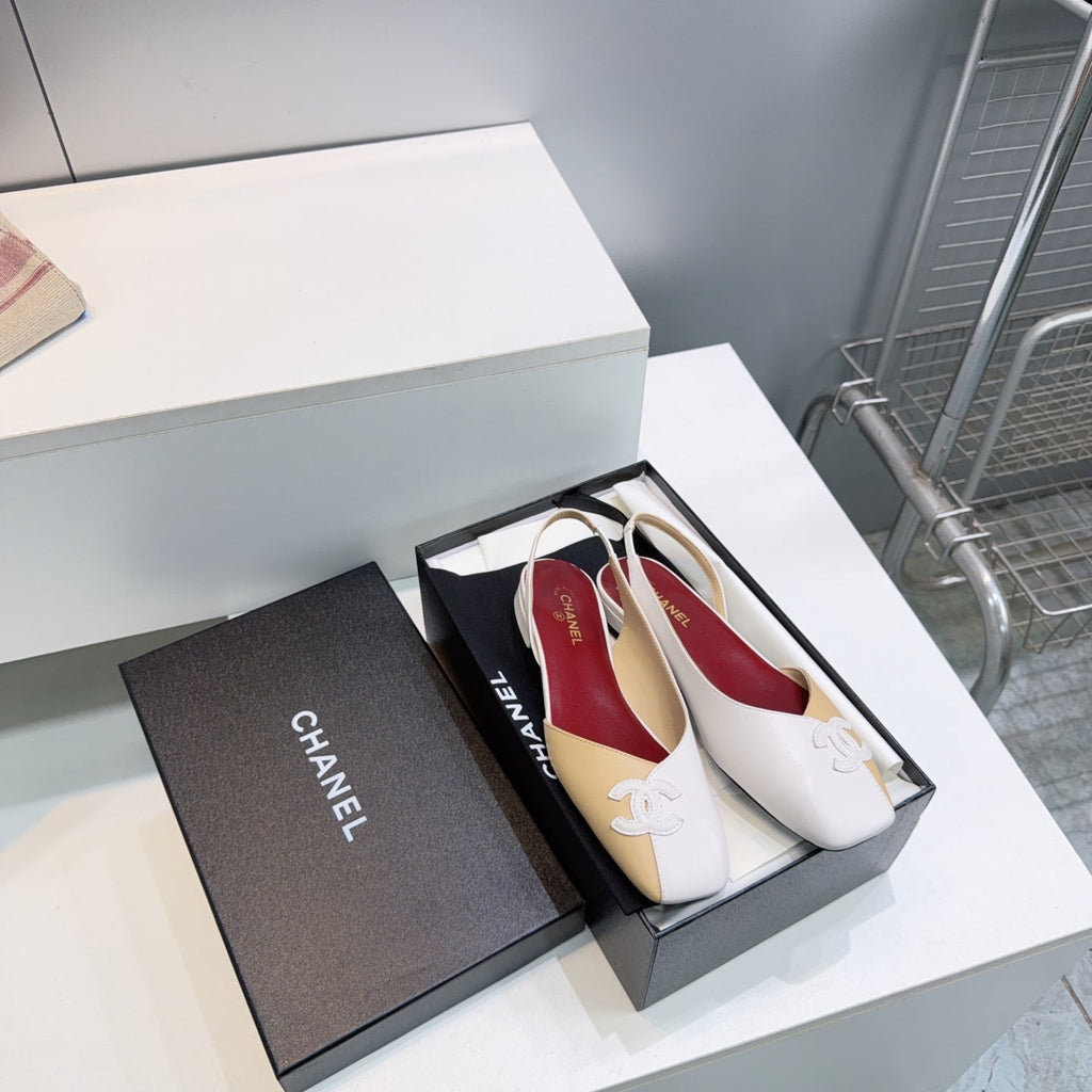 CHANEL 26S FLAT SLINGBACK IN BEIGE AND WHITE LAMBSKIN