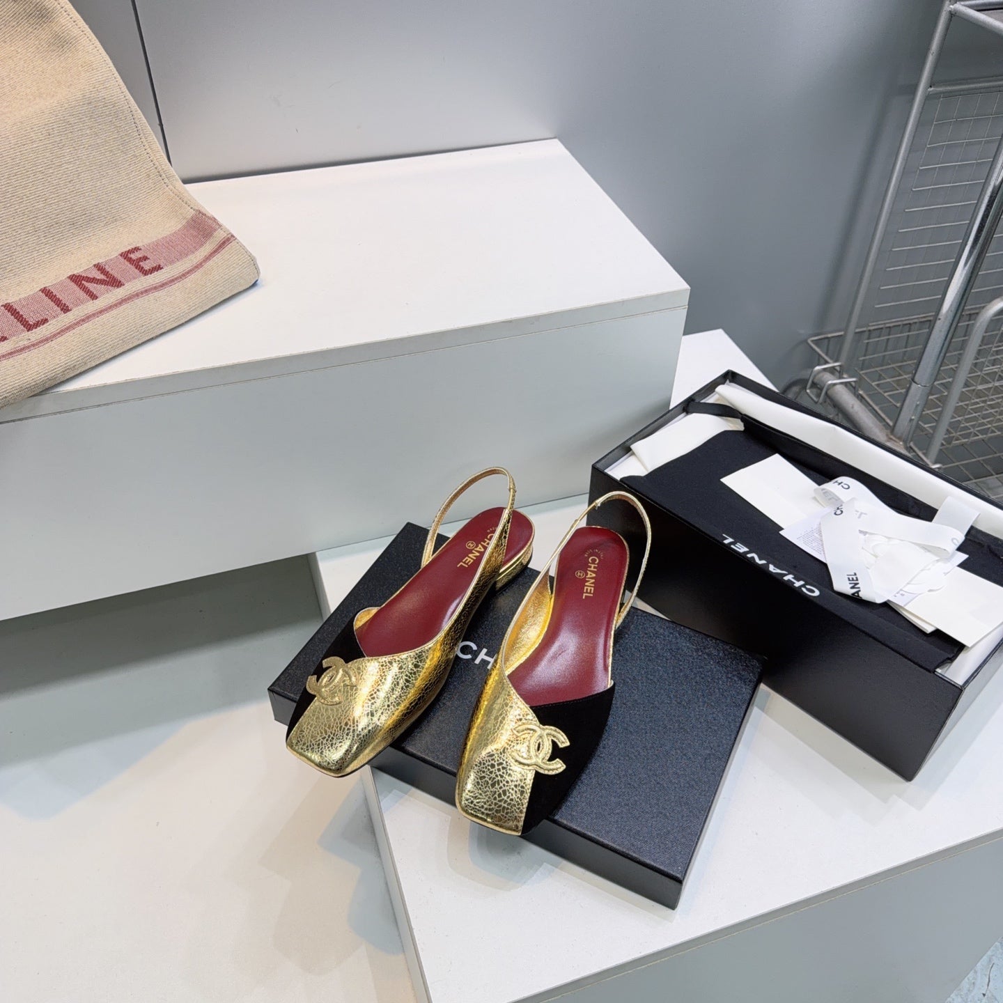 CHANEL 26S FLAT SLINGBACK IN GOLD LAMBSKIN AND BLACK SUEDE