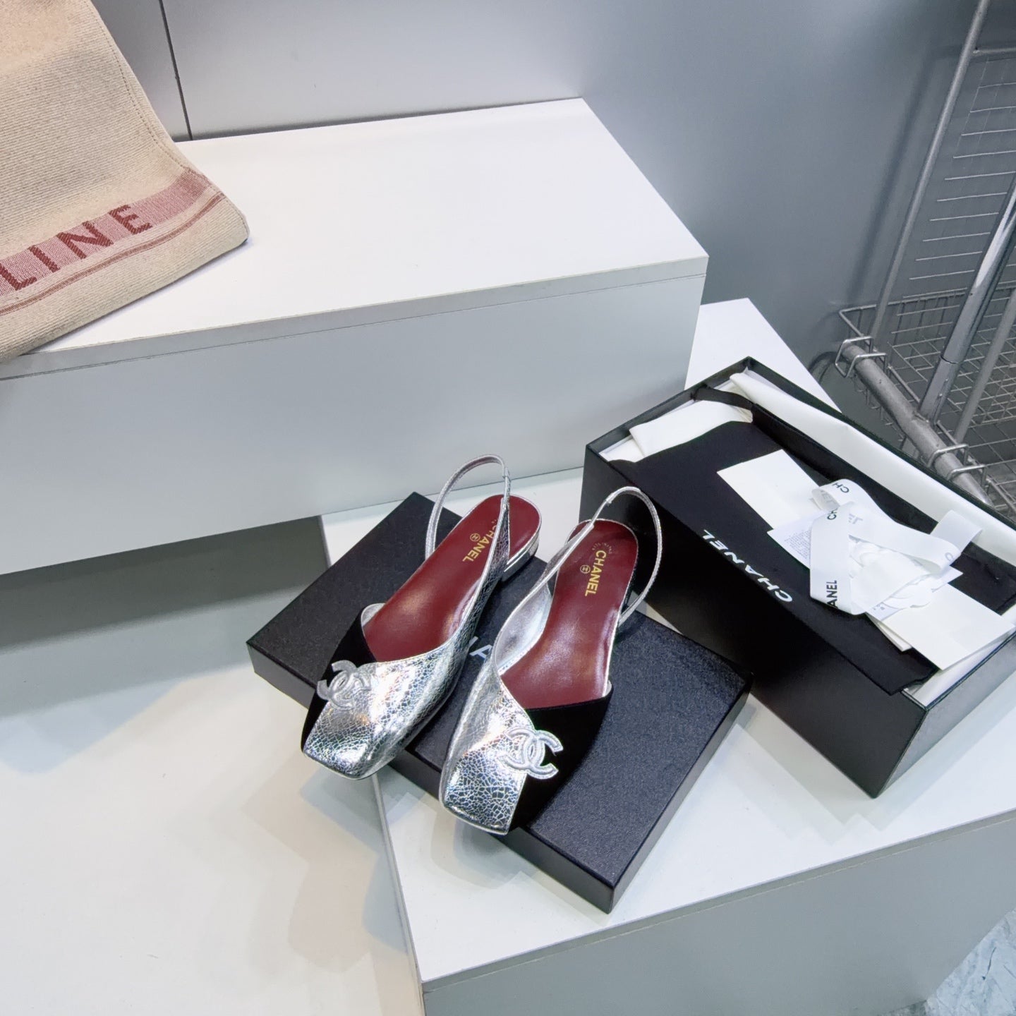 CHANEL 26S FLAT SLINGBACK IN SILVER LAMBSKIN AND BLACK SUEDE