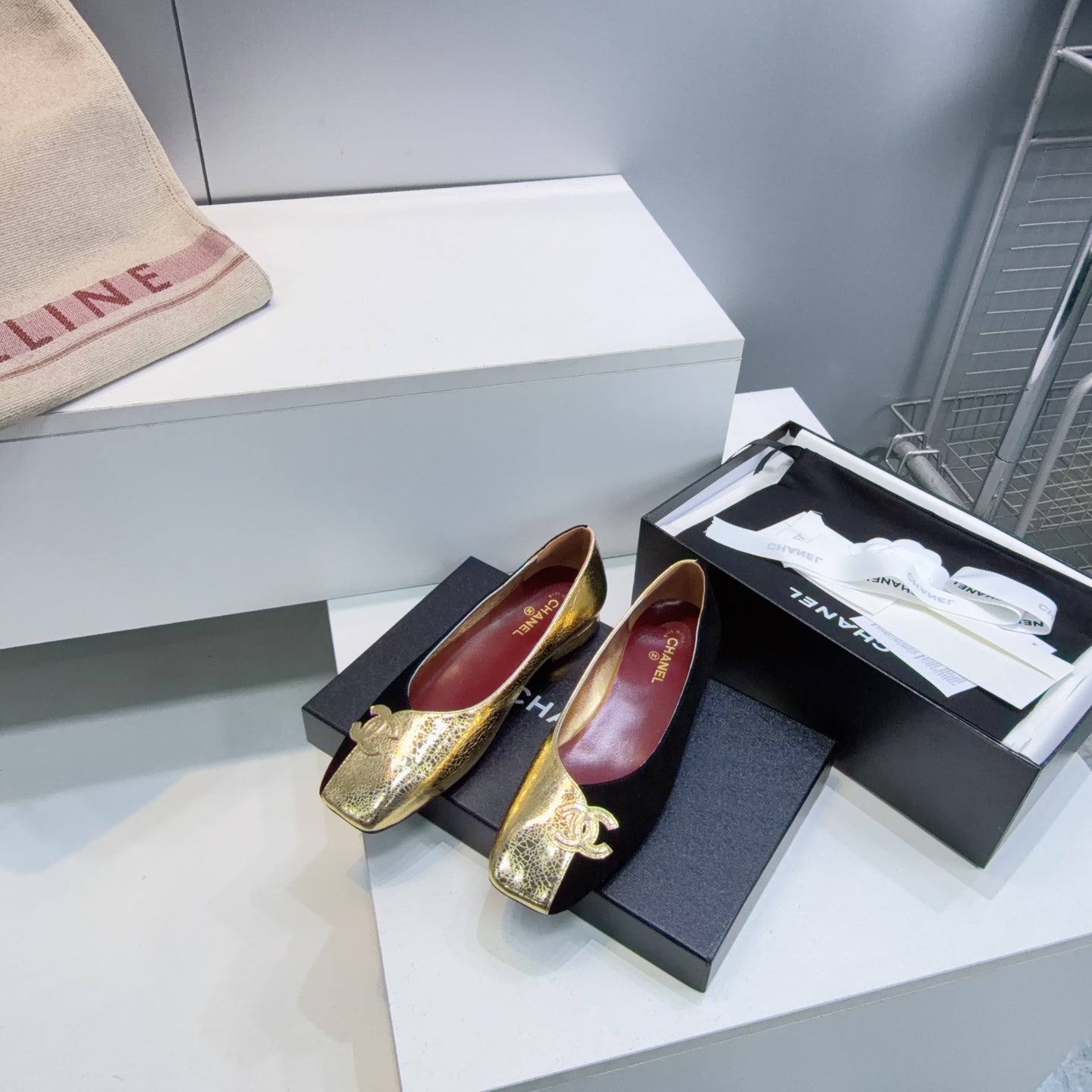 CHANEL 26S SQUARE-TOE FLATS IN GOLD LAMBSKIN AND BLACK SUEDE